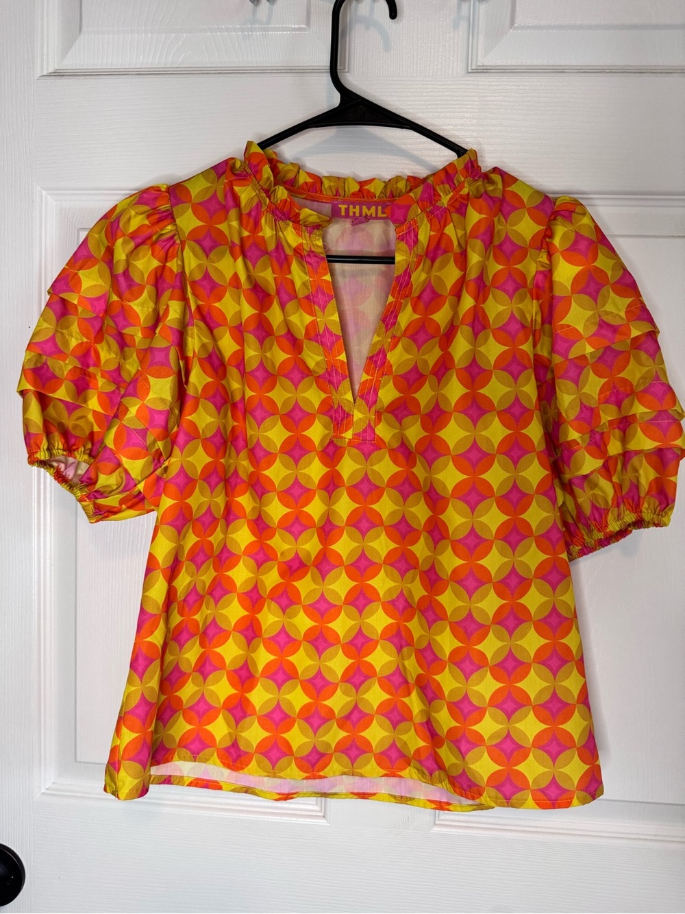 THML Yellow & Pink Geometric Puff-Sleeve Blouse - Picture 2 of 6